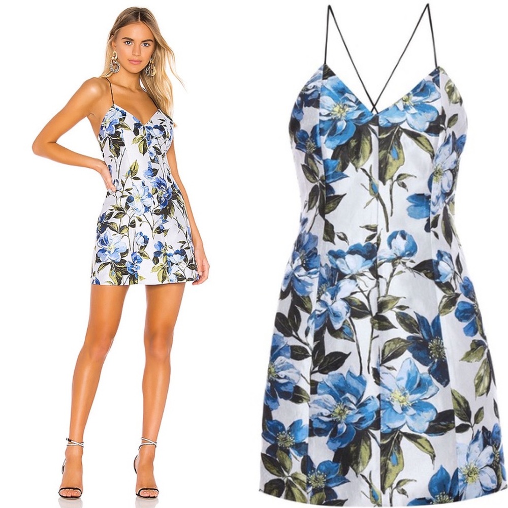 NWT Alice + Olivia Tayla Mini Dress in White & Multi Blue Floral Fit and Flare